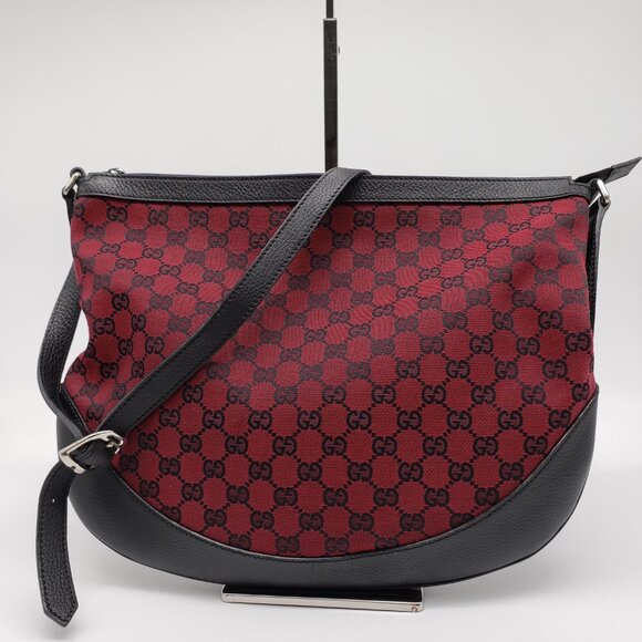 Authentic Gucci GG Canvas Crossbody Red/Black Monogram Leather Trim Shoulder Bag